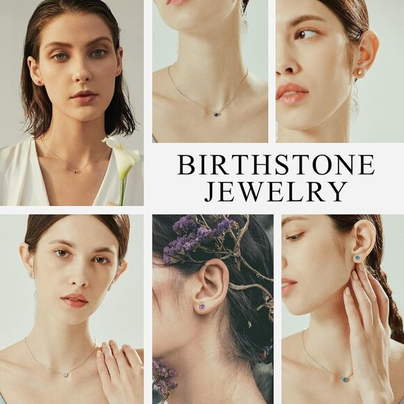 925 Sterling Silver 6 Prong Birthstone Necklace/Stud Earrings, Dainty Small Crys - Picture 2 of 6